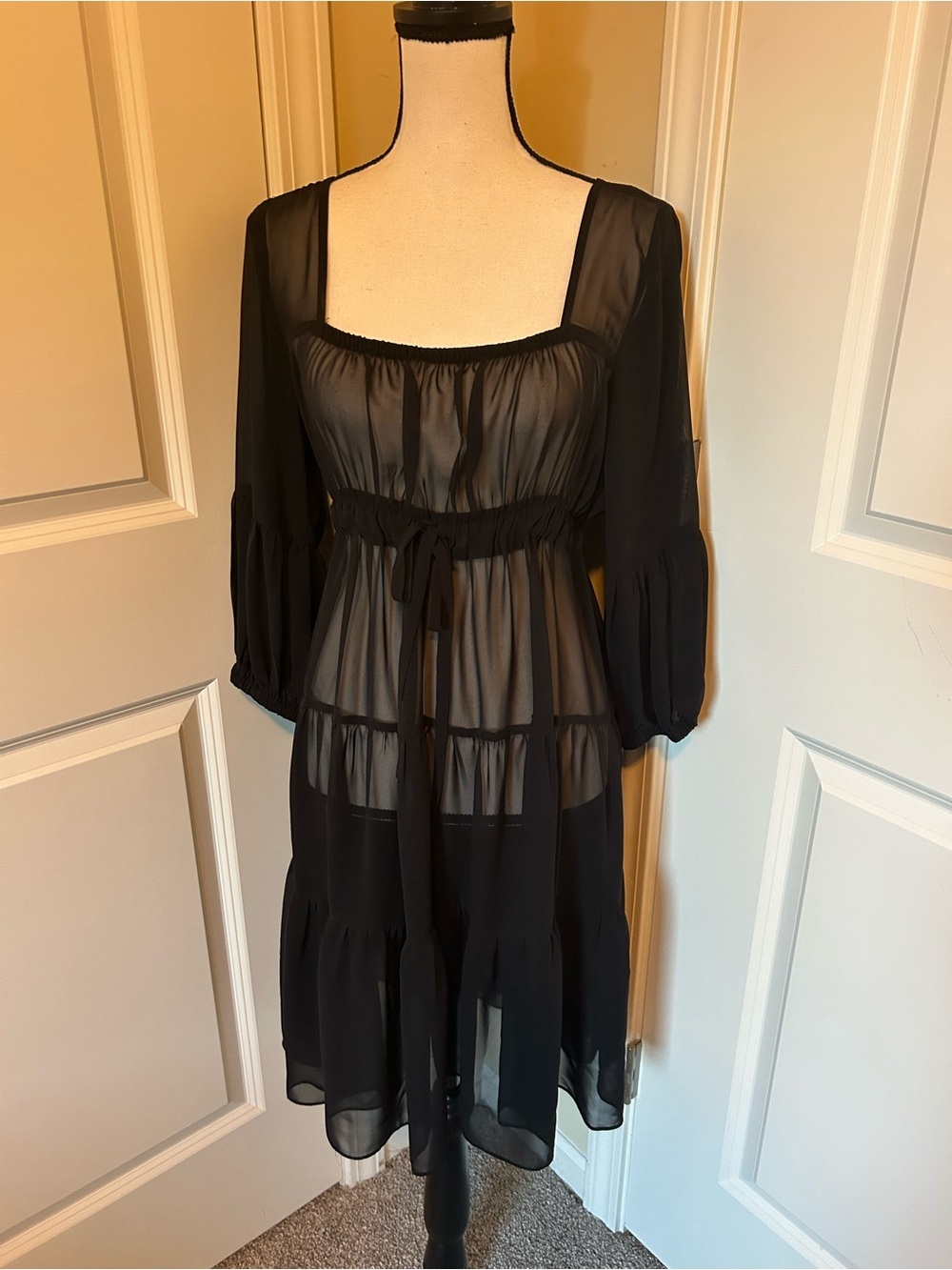 MSK Black Sheer square Neckline long sleeve tie waist Midi Dress